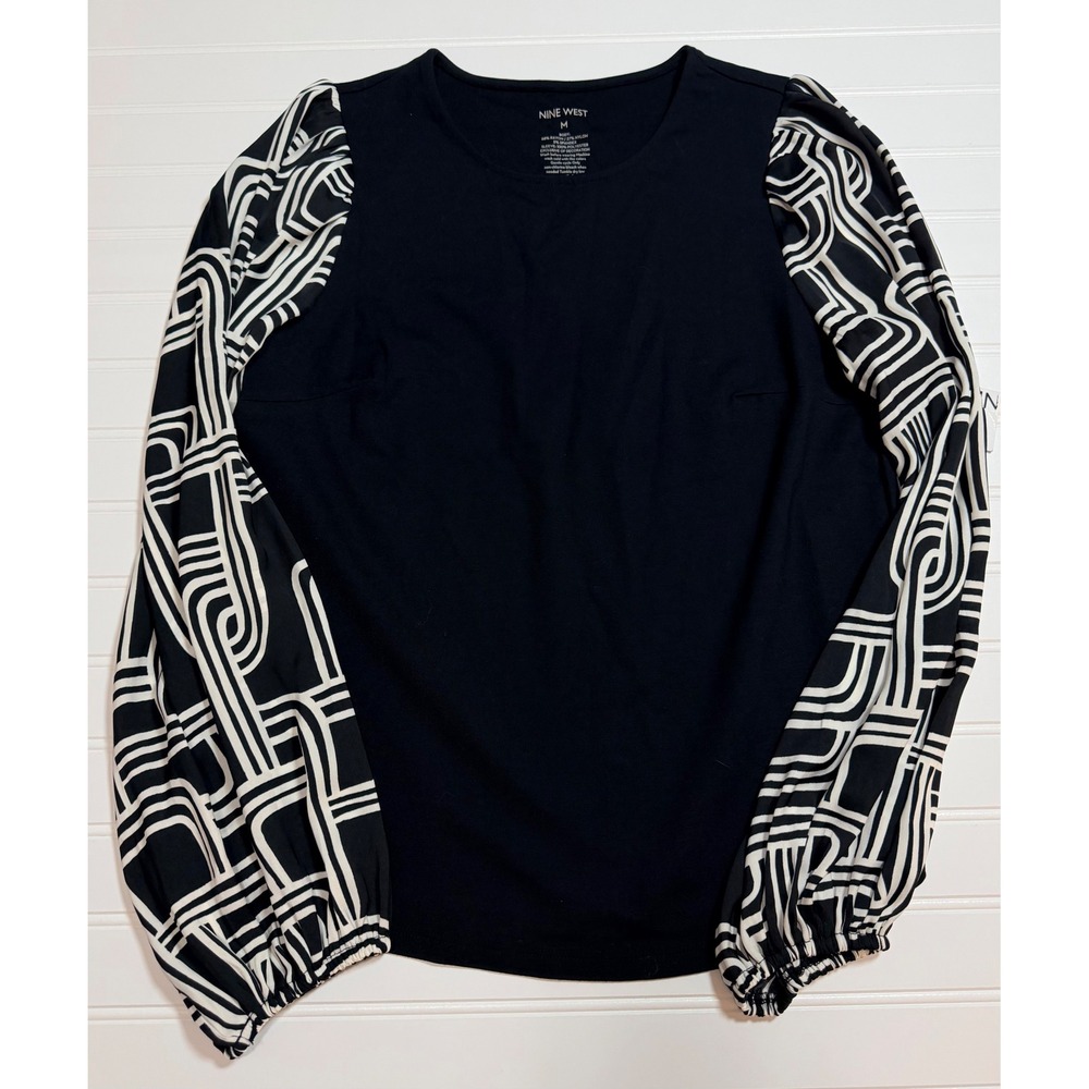 Nine West Womens Geometric Print Balloon Sleeve Mixed Media Knit Top Black White